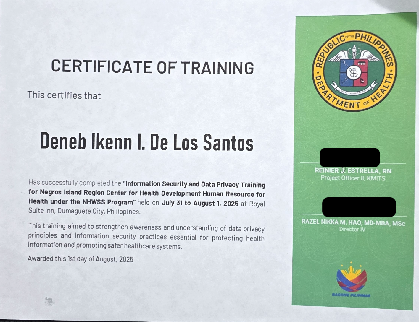 Certificate of Completion - Data Privacy Training certificate