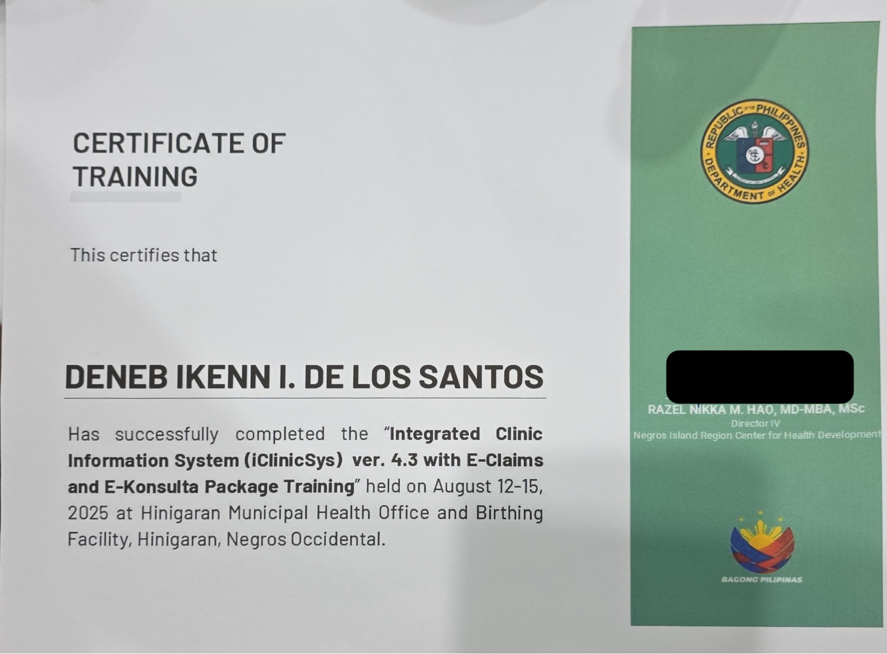 Certificate of Training - IClinicSys certificate