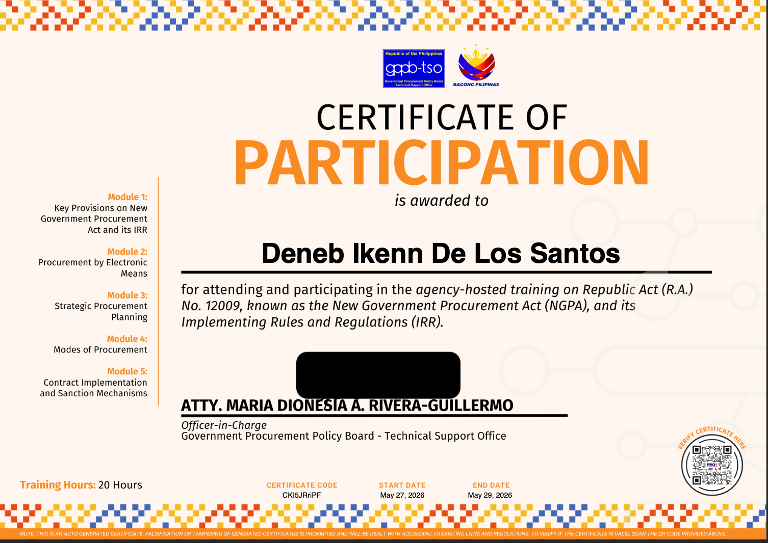 Certificate of Completion - NGPA Procurement certificate