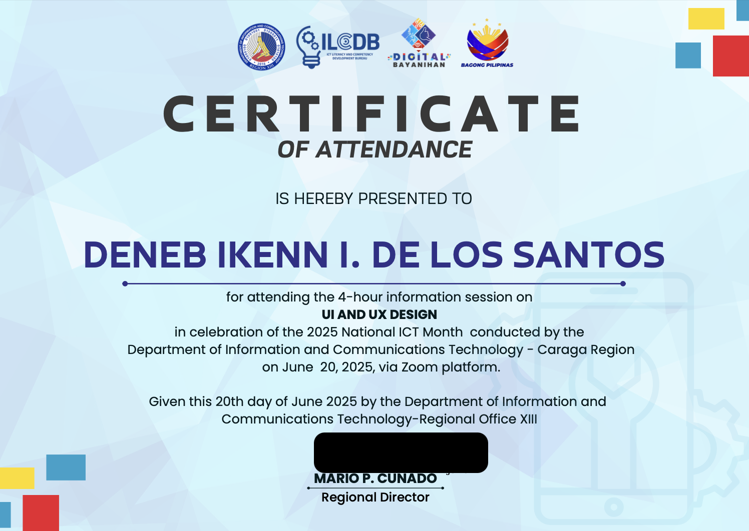 Certificate of Attendance - UX and UI Design certificate