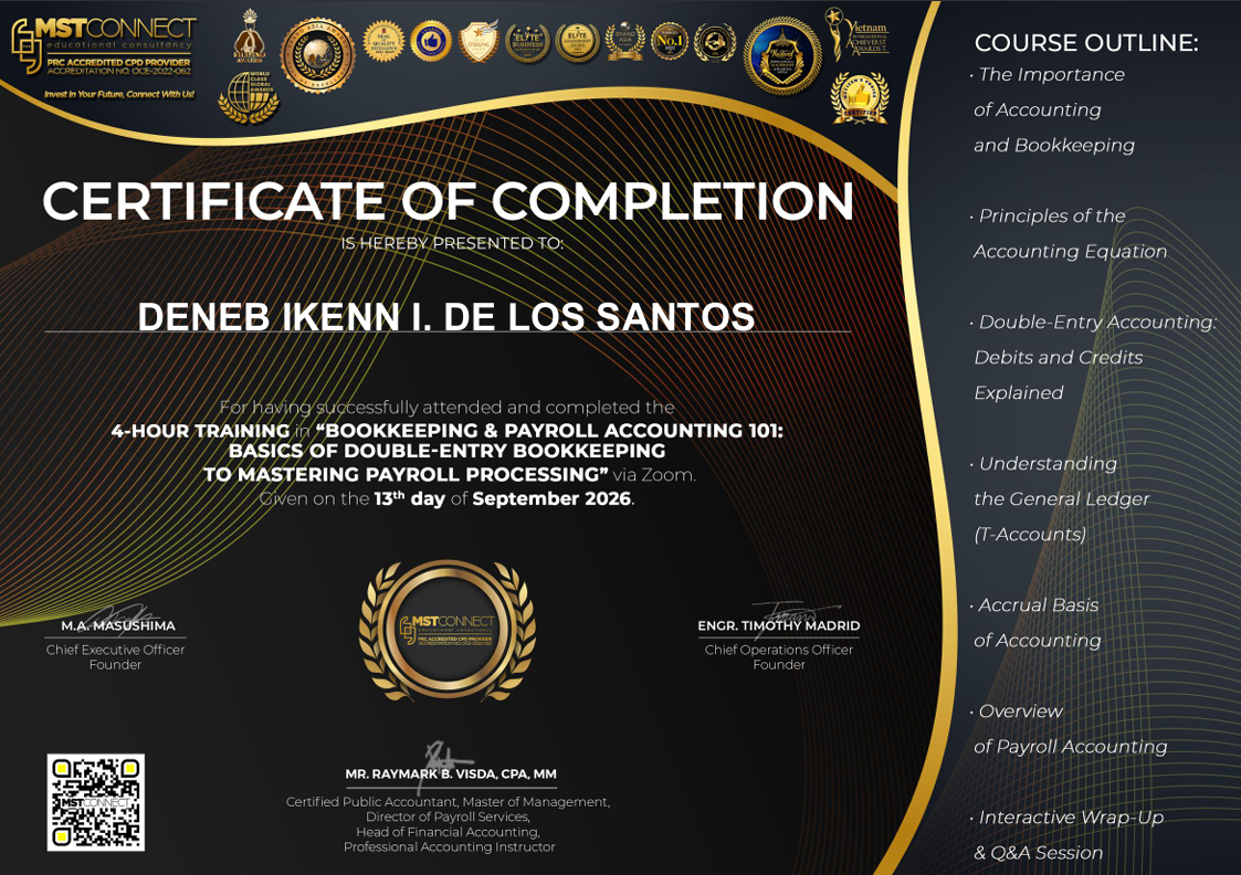 Certificate of Completion - Bookkeeping & Payroll Accounting 101 certificate